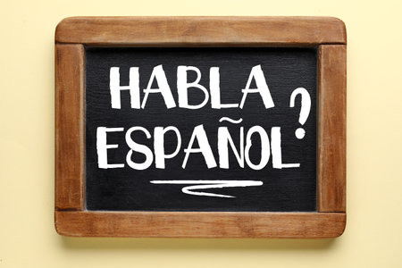 Chalkboard with text HABLA ESPANOL? (DO YOU SPEAK SPANISH?) on color backgroundの写真素材