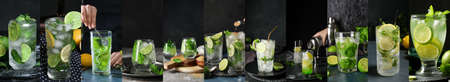 Collage with fresh tasty mojito cocktails on dark backgroundの写真素材