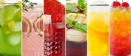 Collage with many different cocktails, closeupの写真素材