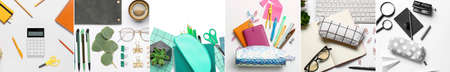 Collection of school supplies on light background, flat lay