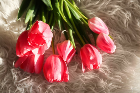 Bouquet of tulips on fluffy fabric backgroundの写真素材