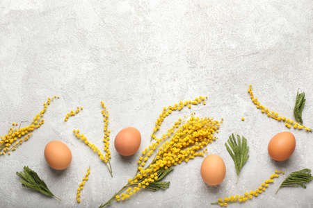 Easter eggs, leaves and mimosa flowers on light background