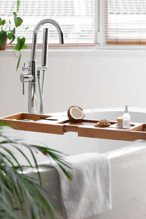 Tray with coconut oil and massage brush on bathtub in light room