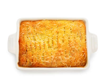 Baking dish with tasty Shepherd's pie on white backgroundの写真素材