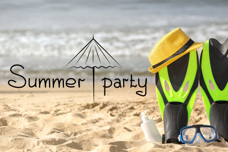 Advertisement banner for summer party with beach accessoriesの写真素材