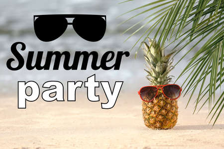 Advertisement banner for summer party with pineapple and sunglassesの写真素材