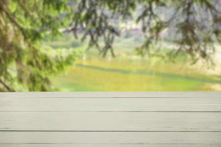 Empty wooden table near the lake in the forest. Mockup for design
