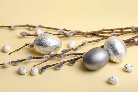 Easter eggs and pussy willow branches on color background