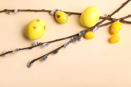 Painted Easter eggs and pussy willow branches on color backgroundの写真素材