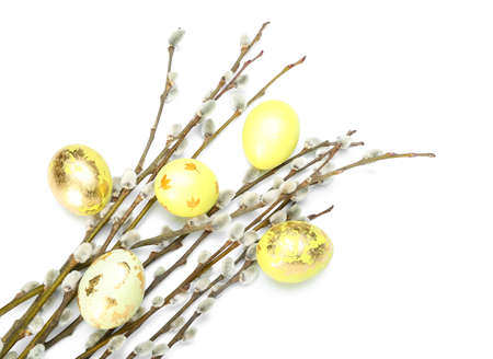 Easter eggs and pussy willow branches isolated on white