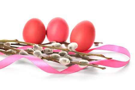 Easter eggs and pussy willow branches isolated on white