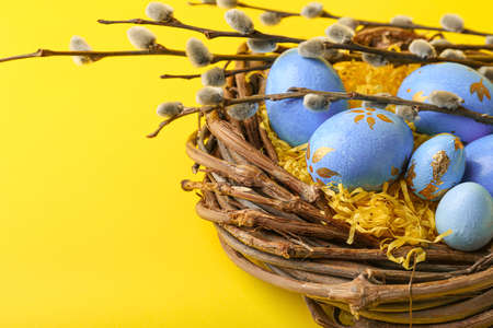 Nest with painted Easter eggs and pussy willow branches on yellow background, closeupの写真素材