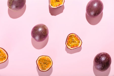 Delicious passion fruit on pink backgroundの写真素材