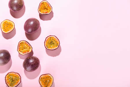 Delicious passion fruit on pink backgroundの写真素材