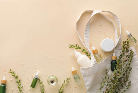 Shopping bag with natural cosmetics on light backgroundの写真素材