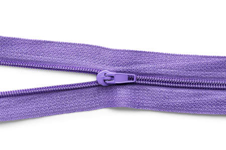 Stylish purple zipper on white backgroundの写真素材