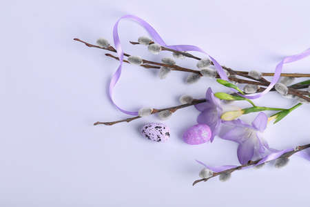 Willow branches, flowers and painted Easter eggs on light backgroundの写真素材