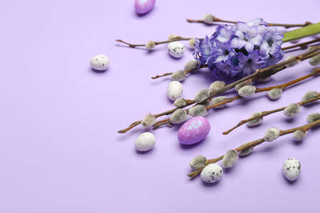 Pussy willow branches, painted Easter eggs and hyacinth flowers on lilac backgroundの写真素材