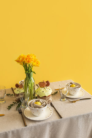 Table with beautiful setting served for Easter celebration near yellow wallの写真素材