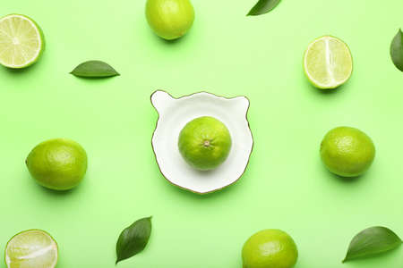 Ceramic juicer and limes on green backgroundの写真素材
