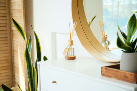 Reed diffuser on chest of drawers and mirror in living roomの写真素材