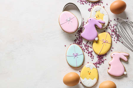Homemade Easter cookies on light backgroundの写真素材