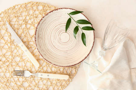 Stylish table setting and green leaves on light background