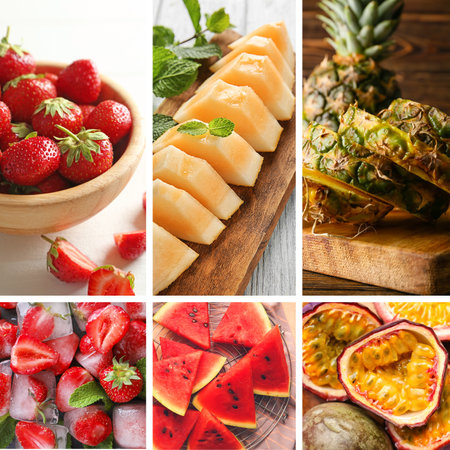 Collage with different ripe fruits and berriesの写真素材