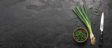 Composition with green onion on black background with space for text