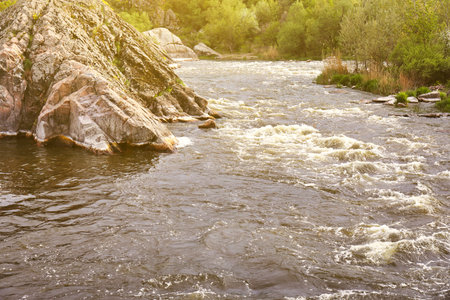 View of beautiful mountain river on sunny dayの写真素材