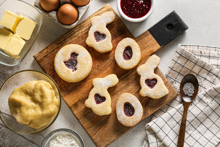 Wooden board with tasty Easter cookies on light background