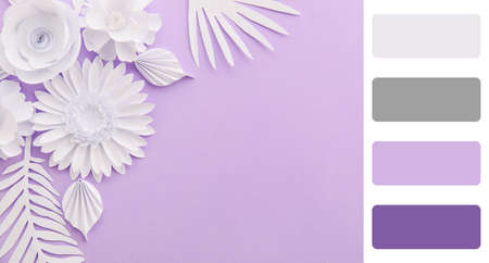 Paper flowers with leaves on lilac background. different color patternsの写真素材