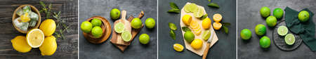 Collage with many fresh lemons and limes