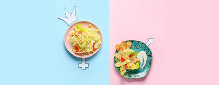 Creative composition with fresh Caesar salad on color background, top viewの写真素材