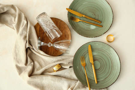 Table setting on light backgroundの写真素材