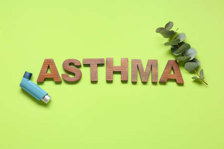 Composition with word ASTHMA made of wooden letters, inhaler and eucalyptus branch on green backgroundの写真素材