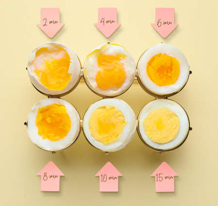 Timing of boiling chicken eggs on light yellow background