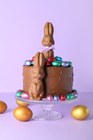 Tasty Easter cake decorated with chocolate bunnies, candies and painted eggs on lilac background