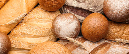 Heap of fresh bread, top view
