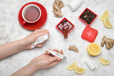 Woman with thermometer, cup of tea, food and pills for sore throat on light background