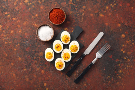 Board with stuffed eggs, cutlery and spices on grunge background. easter celebration