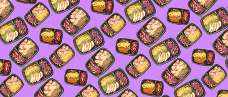 Plastic boxes with tasty food for delivery on purple background