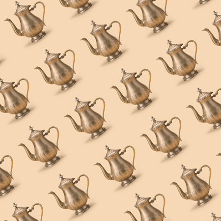 Stylish teapots on beige backgroundの写真素材