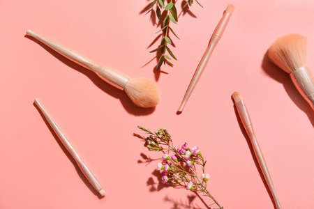 Set of makeup brushes, plant branches and flowers on pink backgroundの写真素材
