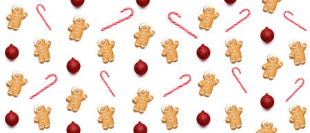 Many Christmas cookies, candy canes and decor on white background. pattern for design