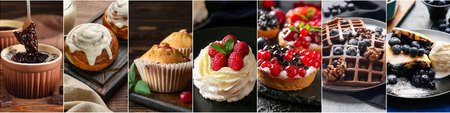 Collection of sweet desserts on dark backgroundの写真素材