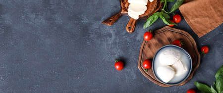 Mozzarella cheese, tomatoes and basil on dark background with space for text