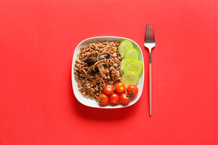 Plate of tasty buckwheat porridge with mushrooms and vegetables on red background, top viewの写真素材