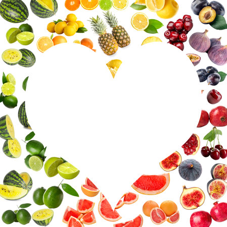 Composition with different ripe fruits on white background with space for textの写真素材