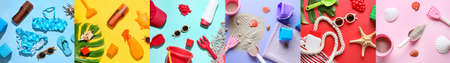 Collection of beach accessories, clothes and toys of little children on color background